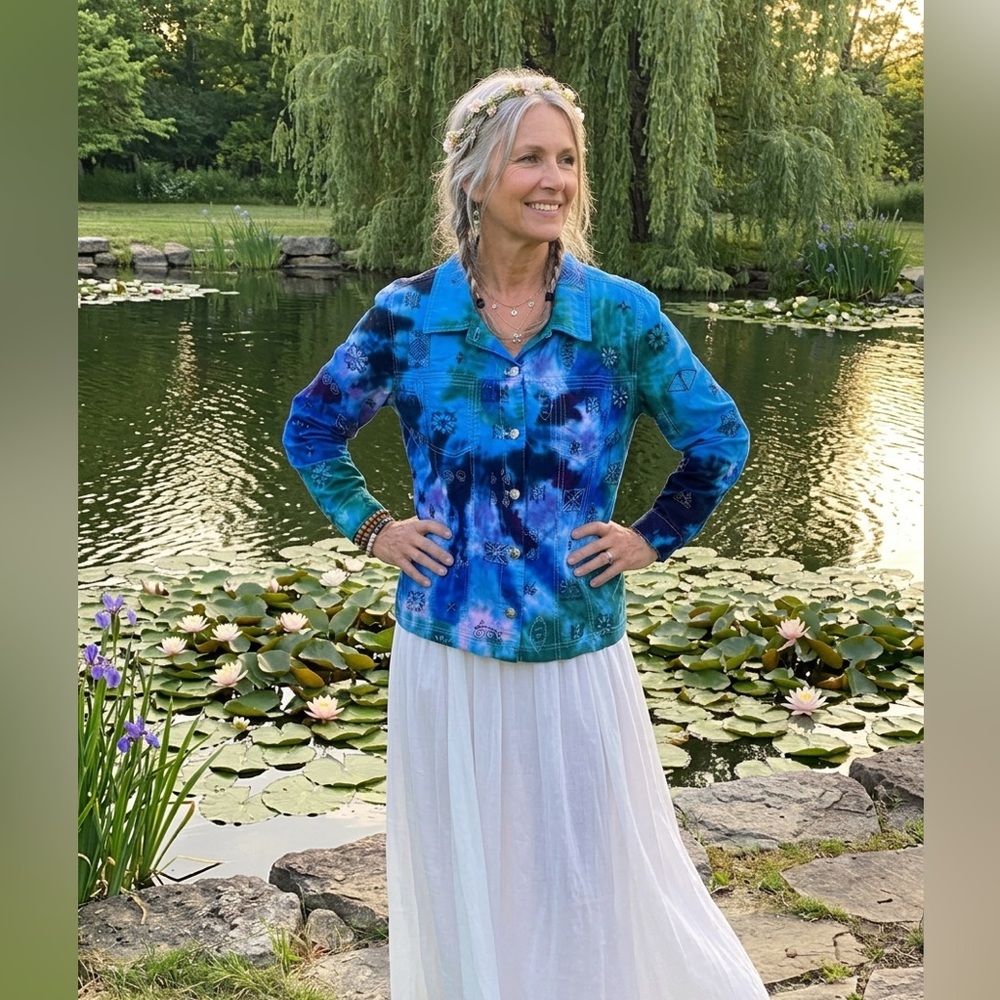 Blue Tie-Dye Button-Up Denim Jacket